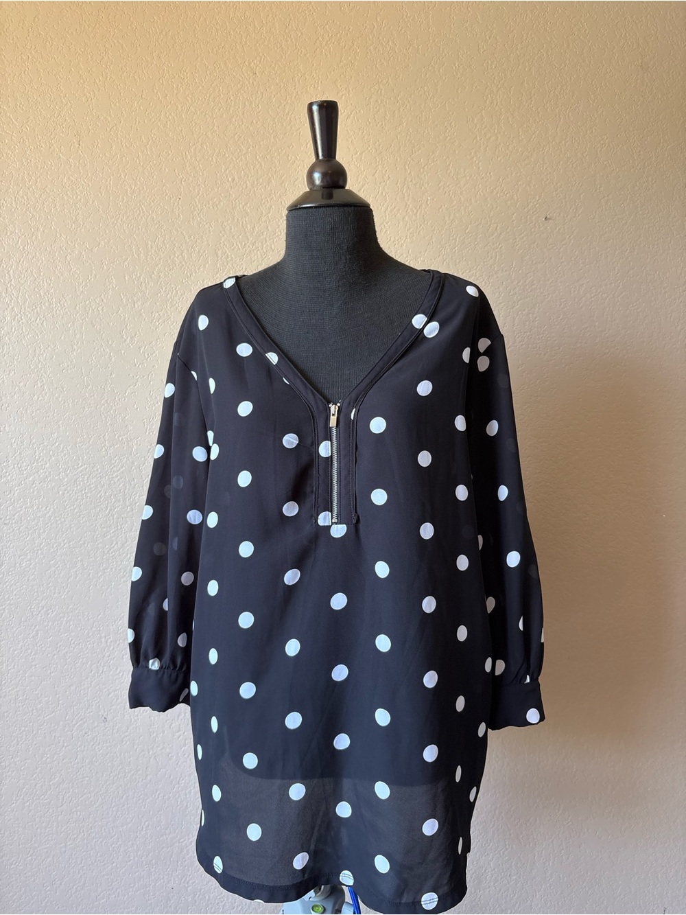 7th Ave NY & CO XL Black White Polka Dot 3/4 Sheer Sleeves Office